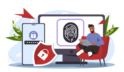 Man with cybersecurity technology. Young guy with fingerprint on computer screen. Security and protection of personal data. Authorization and authentication. Flat vector illustration
