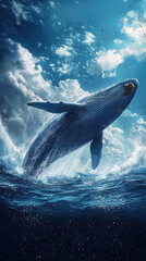 Fototapeta premium A majestic blue whale breaching surface, showcasing its grandeur in ocean