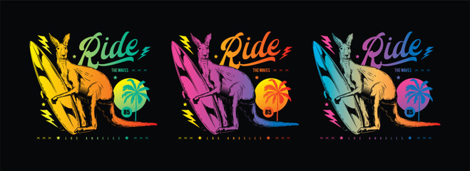 Kangaroo with a surfboard against the background of palm trees and sunset. Original vector illustration in vintage style. T-shirt design.