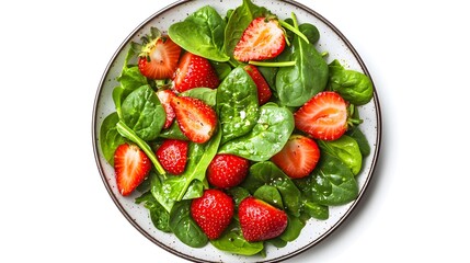 Fresh strawberry and spinach salad with feta on ceramic plate