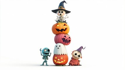 Cute Halloween Skeletons Stacked Pumpkins.