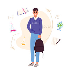 Vector illustration of a teenager studying. Cartoon scene of a slender guy with a briefcase,dressed in a shirt,vest, pants, sneakers. Math formulas, a book, chemical flasks, a globe, a pen with notes.