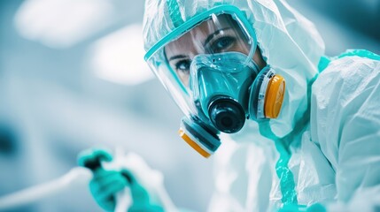 A professional wearing a protective suit and mask, concentrating on a disinfection task. The focus is on maintaining hygiene and safety in a potentially hazardous environment.