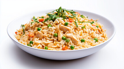 A bowl of delicious fried rice with vegetables and diced chicken garnished with fresh herbs on a white background.