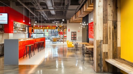 Modern Industrial Cafe Interior with Red and Yellow Accents
