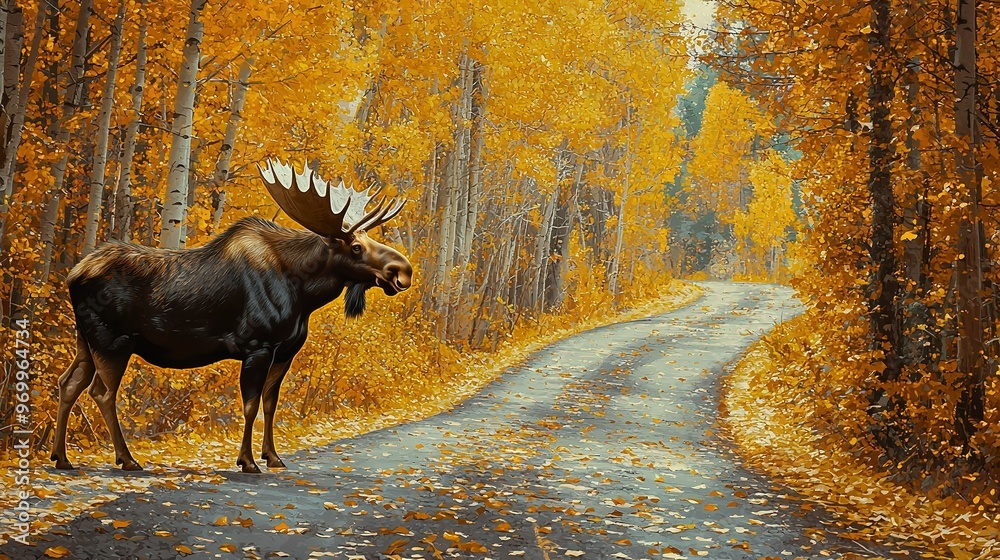 Poster   A moose standing on the edge of a road surrounded by yellow-leafed trees