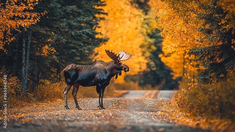 Canvas Prints   A majestic moose stands tall on a forest road surrounded by towering trees