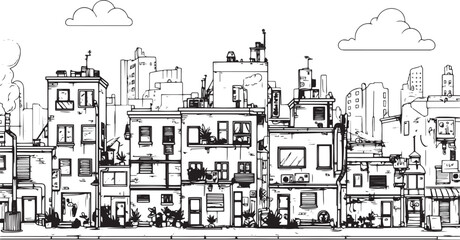 City landscape. Line urban backdrop. Skyline with clouds, different buildings on street, doodle street draw, outline cityscape hand sketch, flat houses. Hand drawn vector illustration	