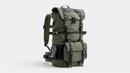 Naklejka premium Green and black hiking backpack with a mesh pocket and a front pocket isolated on a white background.