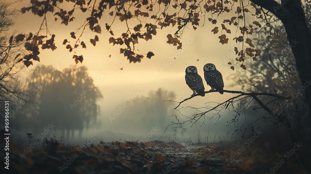 Canvas Prints   Two owls perched on a tree branch amidst a foggy forest during a hazy day, surrounded by towering trees