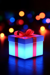 Obraz premium Neon ribbon gift box with bokeh effects, for Black Friday, Cyber Monday, and Christmas holiday, with a bright and festive feel