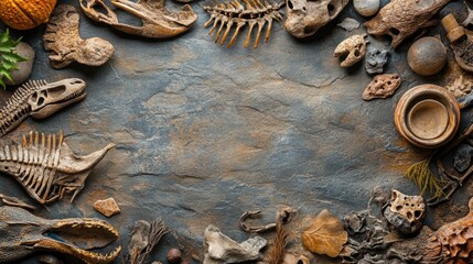 Naklejka premium banner with space, featuring dinosaur bones and artifacts, illustrating the prehistoric era concept