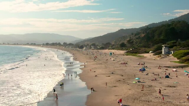 Aerial of Stinson Beach, California, overlooking Highway 1 Beach Town and Bolinas Lagoon 