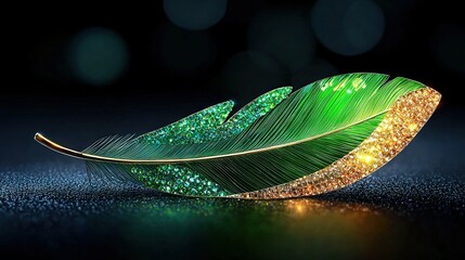   A brooch of green and gold feathers rests atop a black surface with a hazy backdrop