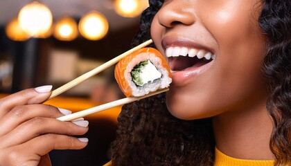 A closeup of a woman eating sushi with wooden chopsticks with restaurant background
