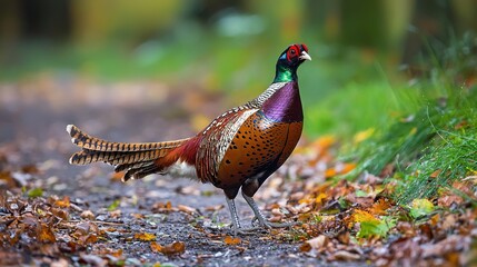 Fototapeta premium A bird is shown closely in a photo while walking on a street with fallen leaves on the ground and tall trees in the background, featuring grass
