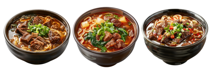 Chinese food Taiwanese beef noodles soup isolated on transparent background, set of