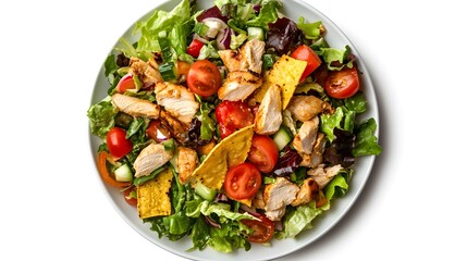 Fresh grilled chicken salad with veggies, greens, and tortilla strips