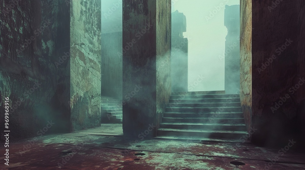 Canvas Prints Mysterious Concrete Ruins in Fog - Abandoned Architecture