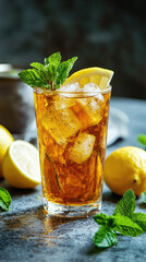 Refreshing iced tea with lemon and mint, perfect for hot day!