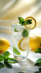 Fototapeta premium Refreshing glass of lemonade with fresh mint leaves and lemon slices
