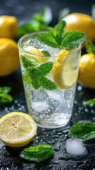 Fototapeta premium Refreshing glass of lemonade with mint leaves and lemon slices