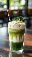 Refreshing iced matcha latte with layers of green tea and cream