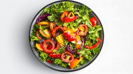 Colorful fresh vegetable salad with bell peppers and mixed greens on a plate