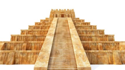 A large stone pyramid with a long staircase leading to a temple at the top.