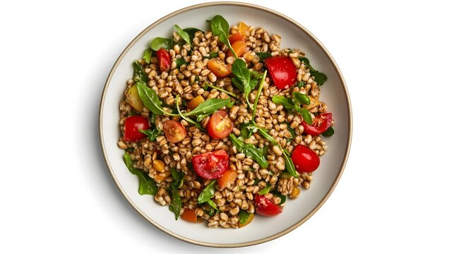 Healthy farro salad with cherry tomatoes and fresh greens