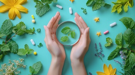 「手のひらに広がるカラフルなカプセルと、豊かなミントの葉に囲まれた、自然の健康法と薬学的介入の架け橋を示す.Generative AI」
