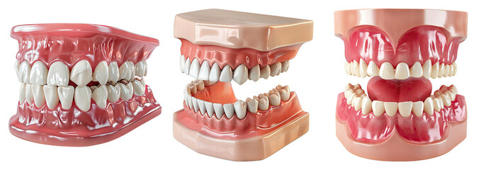 Dental procedures with mouth prop isolated on transparent background, set of