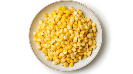 Top view of fresh yellow sweet corn kernels in a bowl on white background