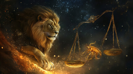 Show symbolic imagery related to each zodiac sign, such as the lion for Leo, the scales for Libra, or the scorpion for Scorpio. Highlight how these symbols reflect the essence of each sign. 