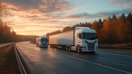 Semi Trucks on a Highway Road at Sunset