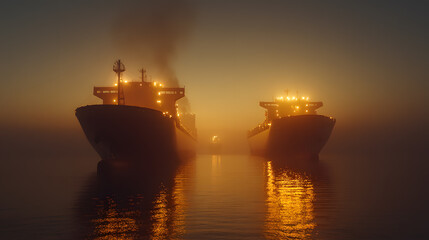 Obraz premium Bulk Carriers Arriving at Port at Night, Maritime Logistics and Nighttime Docking