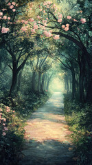 Fototapeta premium A serene illustration of an ancient pathway lined with blooming trees, inviting tranquility