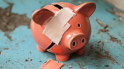A broken piggy bank with a band-aid signifies financial hardship, such as a recession or bankruptcy. The band-aid represents an attempt to repair the financial situation