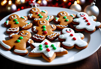 Christmas gingerbread decorated with icing and sprinkles lie on a plate, top view concept of Christmas sweets.
