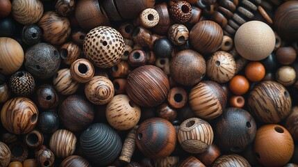   A group of wooden beads with holes in the center come in shades of brown, black, and white