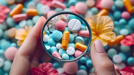 「手のひらに広がるカラフルなカプセルと、豊かなミントの葉に囲まれた、自然の健康法と薬学的介入の架け橋を示す.Generative AI」