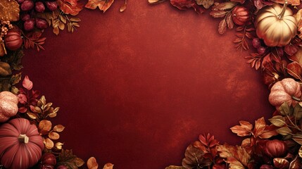 Autumn Leaves and Pumpkins Frame on Red Background.