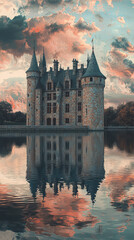 Obraz premium A historic castle with turrets reflecting in water, surrounded by natures beauty