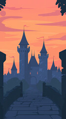 Naklejka premium A historic castle with turrets silhouetted against vibrant sunset