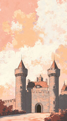 Obraz premium A historic castle with turrets stands majestically against pastel sky