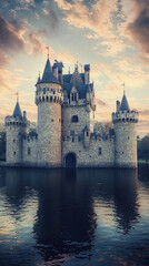 Fototapeta premium A historic castle with turrets reflecting in water at sunset