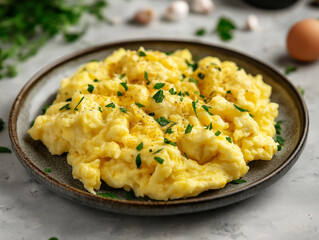 Close-up of a perfectly scrambled eggs dish, garnished with herbs on a plate.