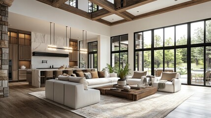 Fototapeta premium Modern Living Room with White Sofa and Large Windows