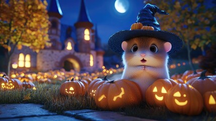 Cute Hamster in a Witch Hat Surrounded by Jack-o'-Lanterns.
