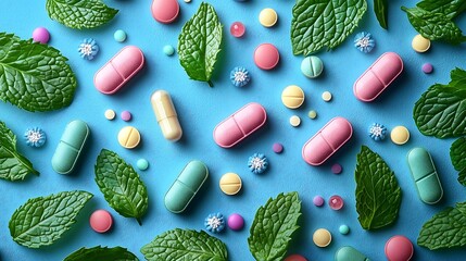 「開いた手のひらに持たれたカラフルな錠剤と、それを囲むミントの葉を通して、自然と現代医学を象徴する芸術的な表現.Generative AI」
